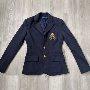 Polo Ralph Lauren Navy Cotton Equestrian Blazer Jacket Women's Sz 2 Gold Crest
